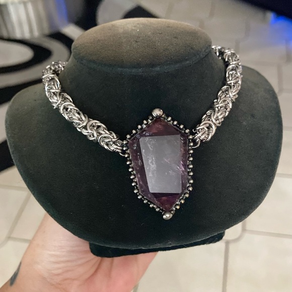 Handmade maille gemstone amethyst crystal chain necklace - Picture 7 of 16